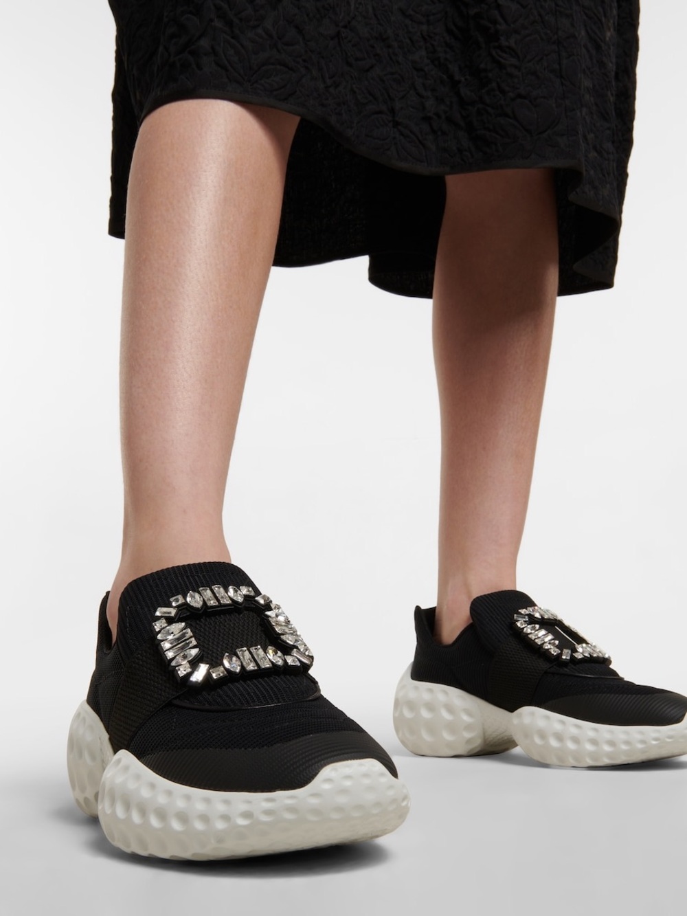 Black Slip-On Women's Sneakers with Crystal Buckle Accent